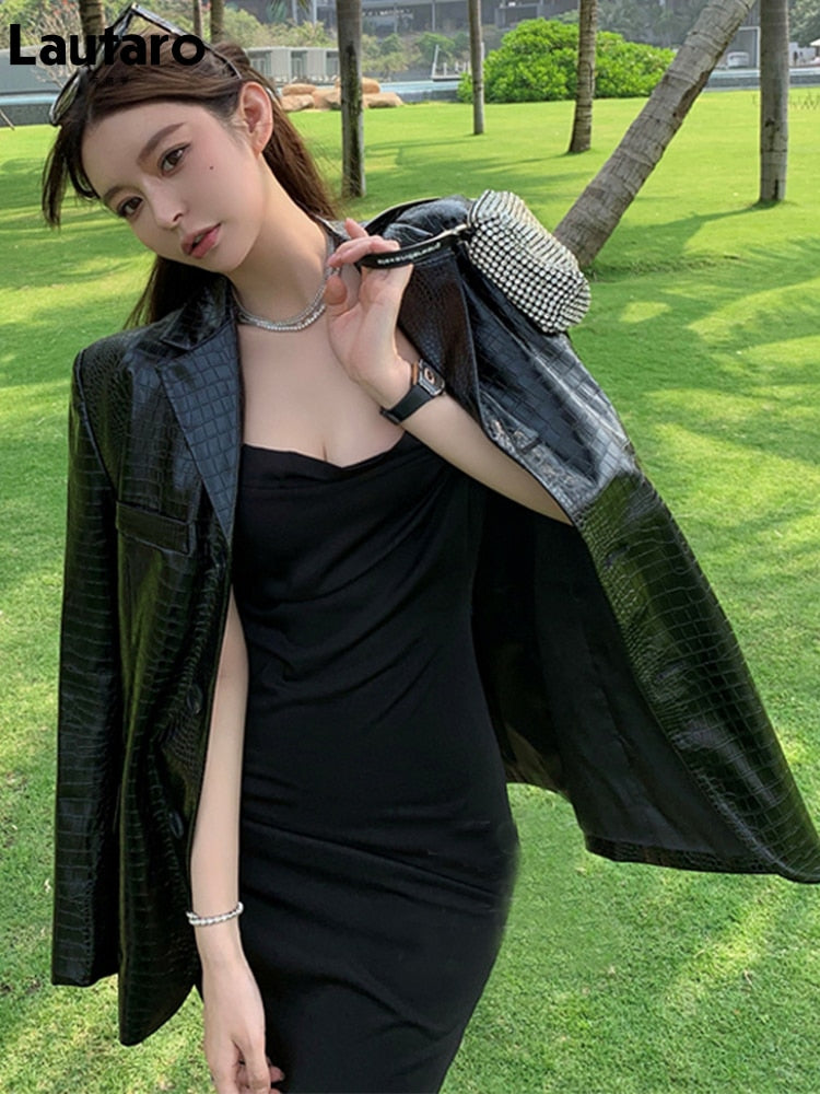Lautaro Spring Autumn Black Pink Shiny Reflective Crocodile Print Pu Leather Coats
