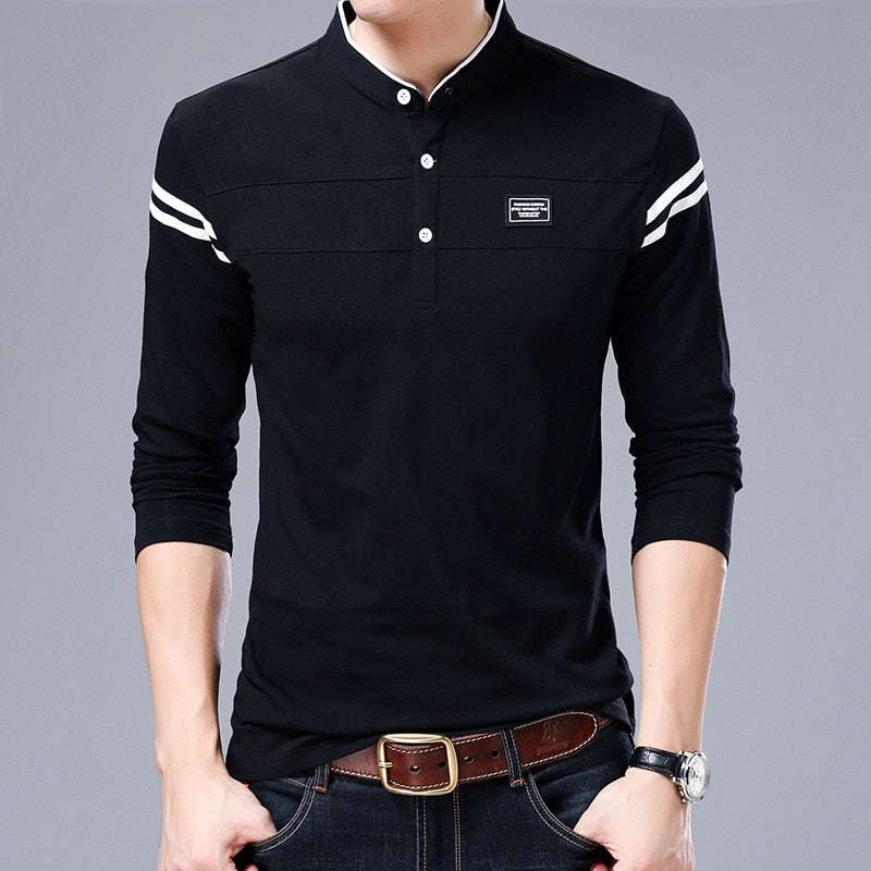 Men Mandarin Collar Long Sleeve T Shirts Trend Slim Cotton Korean