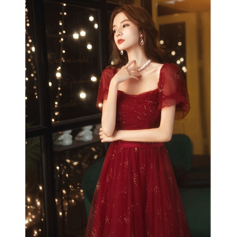 Evening wear Dresses: Red Women Formal Dress Square Collar Mesh Sleeve Elegant