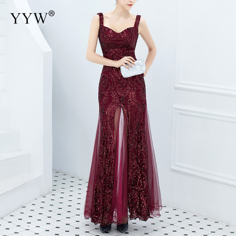Evening wear Dresses: Gold Sequined V Neck Sleeveless Elegant Evening Dresses