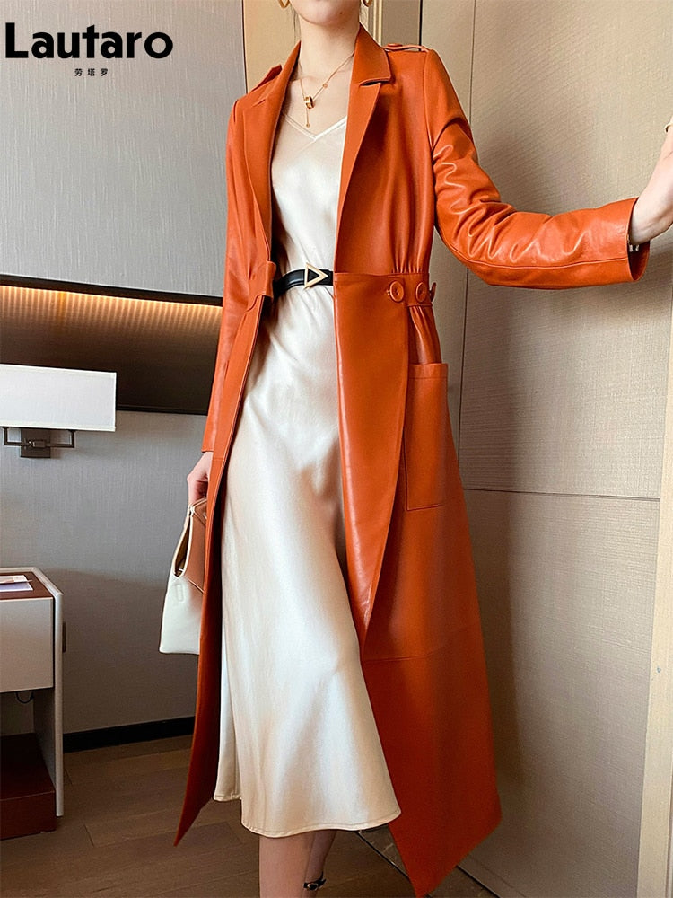 Lautaro Spring Autumn Long Orange Soft Faux Leather Coat Women Pockets