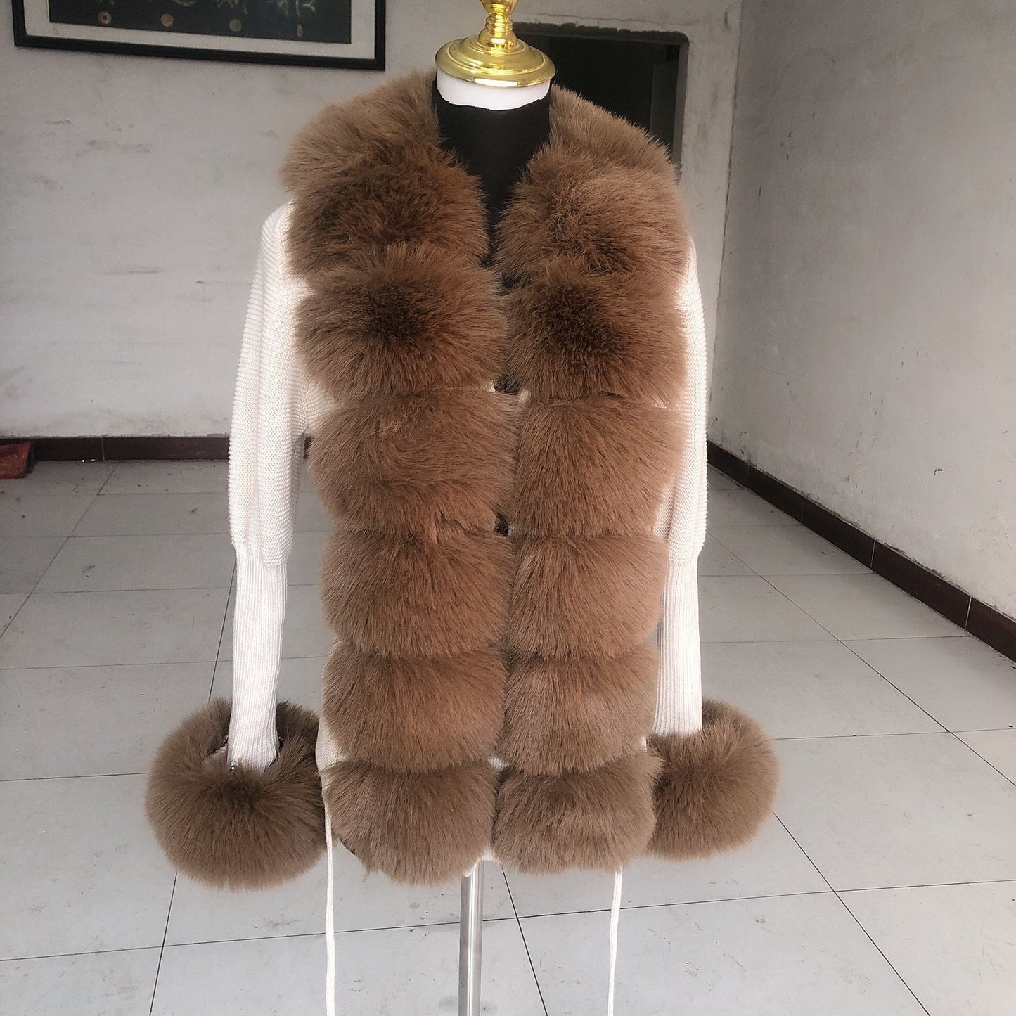 Women Faux Fur Knit Sweater cardigan Spring Autumn elegant Knitted sweater