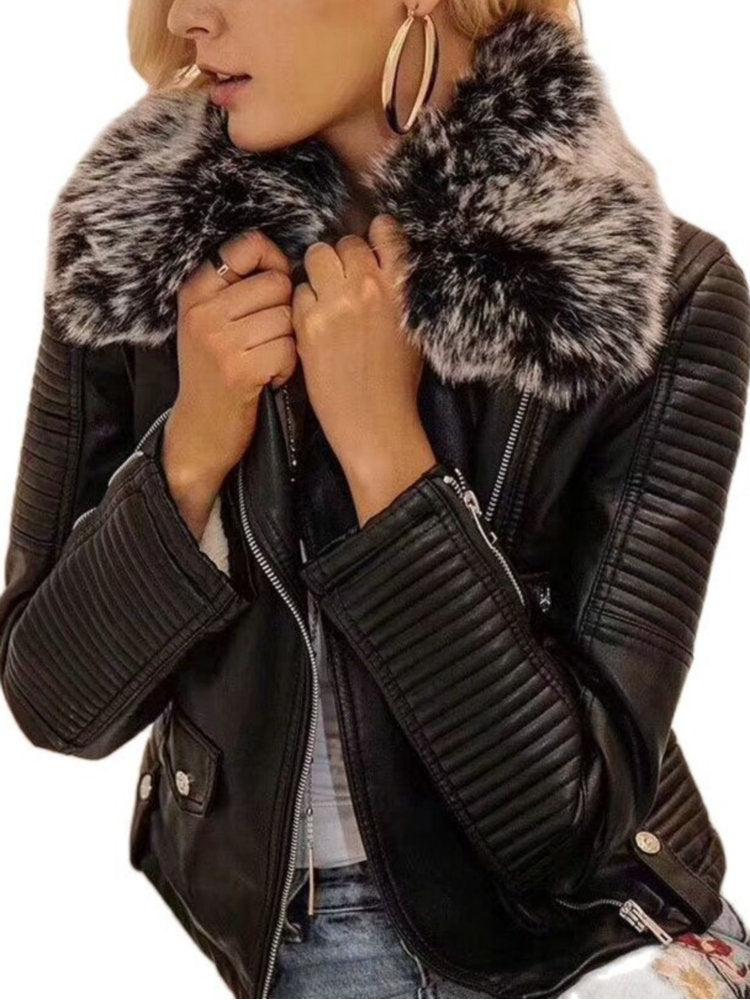Fashion Women Winter Warm Faux Leather Jackets with Fur Collar Belt Lady