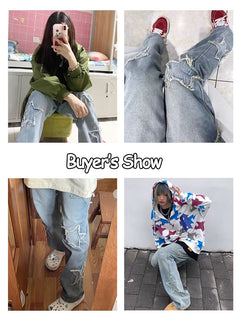 Streetwear Blue Pentagram High Waist Jeans Y2k Korean Style Hip Hop