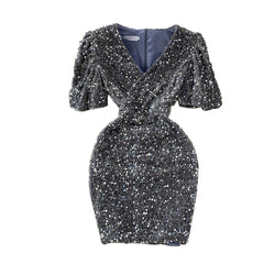 Gray Vintage Glittering Sequin Dresses Slim Cross V-neck Short Sleeve