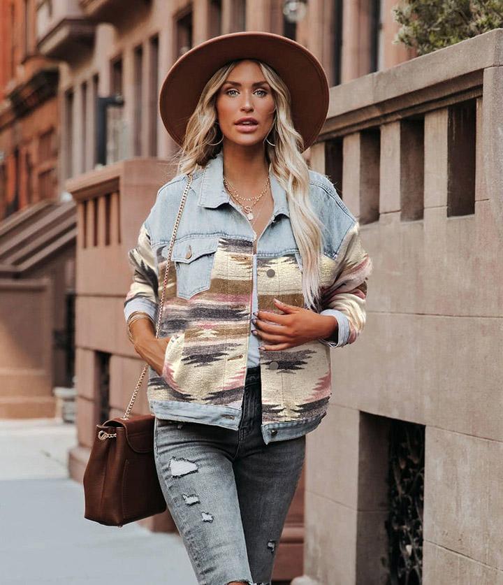 Retro Denim Jacket Long Sleeved Lapel Loose Denim Stitching Woolen