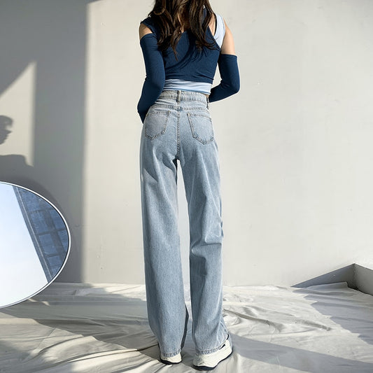 Women jeans Retro Street Loose Solid Straight Trend American Casual Pants