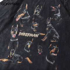 Oversize Distressed T Shirts Hip Hop Vintage Doberman Dog Print Punk Rock