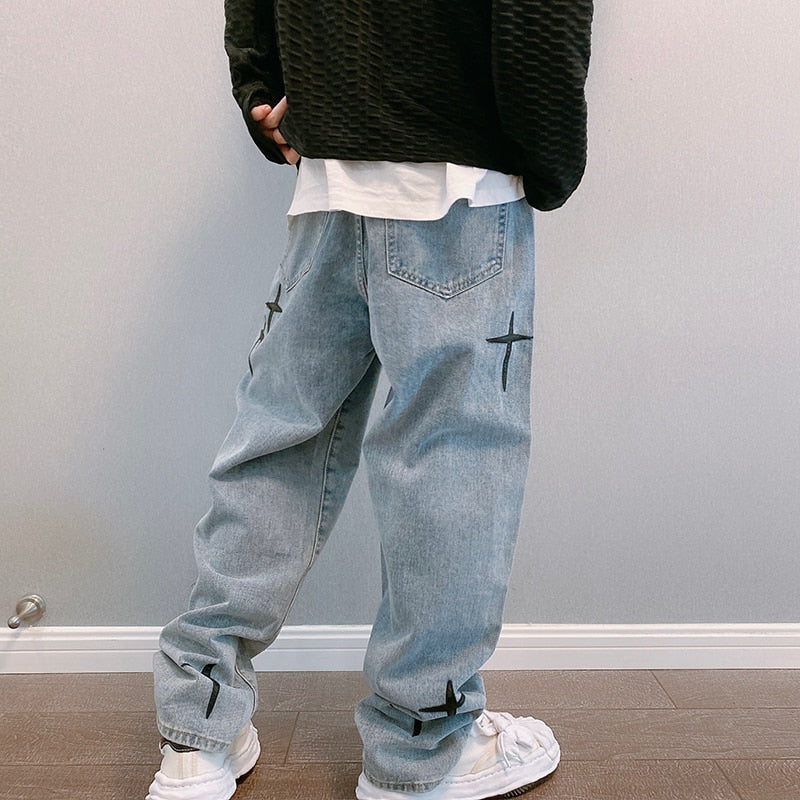 New Embroidered Jeans Men Straight Loose Wide-leg Pants Spring and Autumn