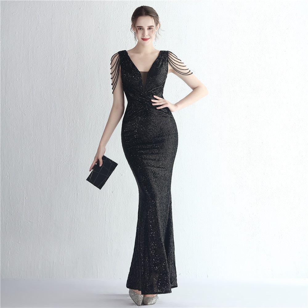Evening wear Dresses: Evening Dress Long Mermaid Deep V Neck Sequins Maxi