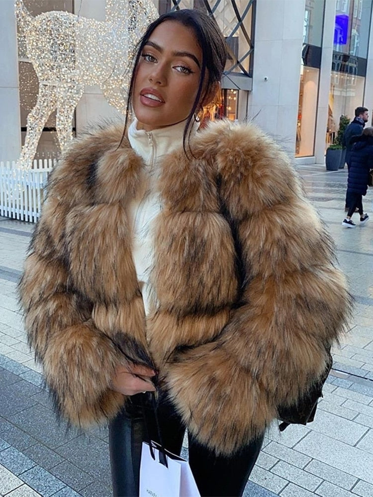 Winter Women Fashion Faux Raccoon Fur Coat Luxury Short Fluffy