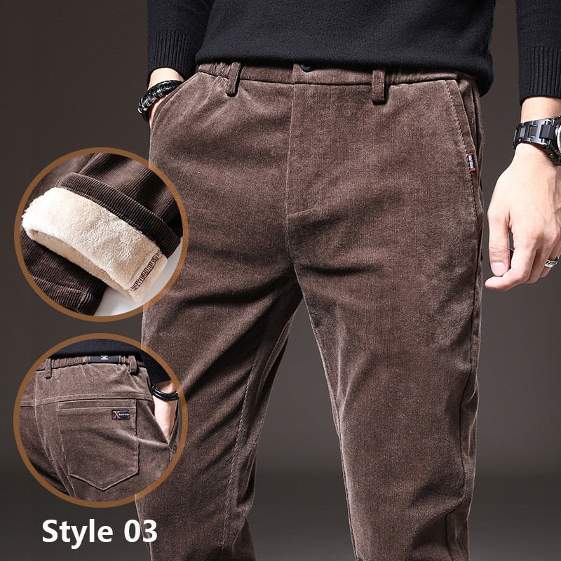 Winter Fleece Warm Corduroy Pants Men Stretch Thick Elastic Waist Fluff Pant