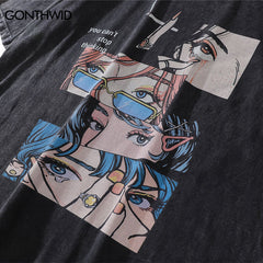 Distressed Oversize grunge T Shirt Streetwear Japanese Anime Eyes Print Retro