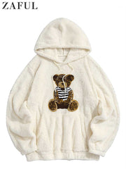 Hooded Hoodies for Men Fluffy Teddy Bear Pattern Sweatshirts