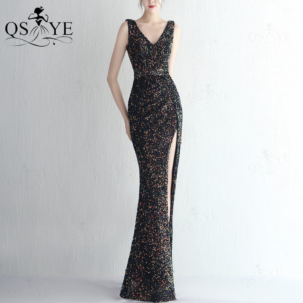 Homecoming Dresses: Sequin Prom Dresses Split Evening Gown Shiny Sleeveless