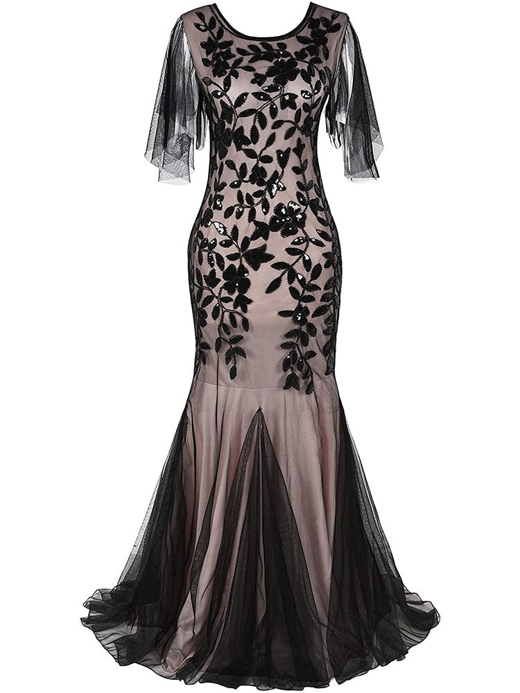 Homecoming Dresses: O-neck Short-Sleeve Tulle Embroidered Evening Dress Elegant