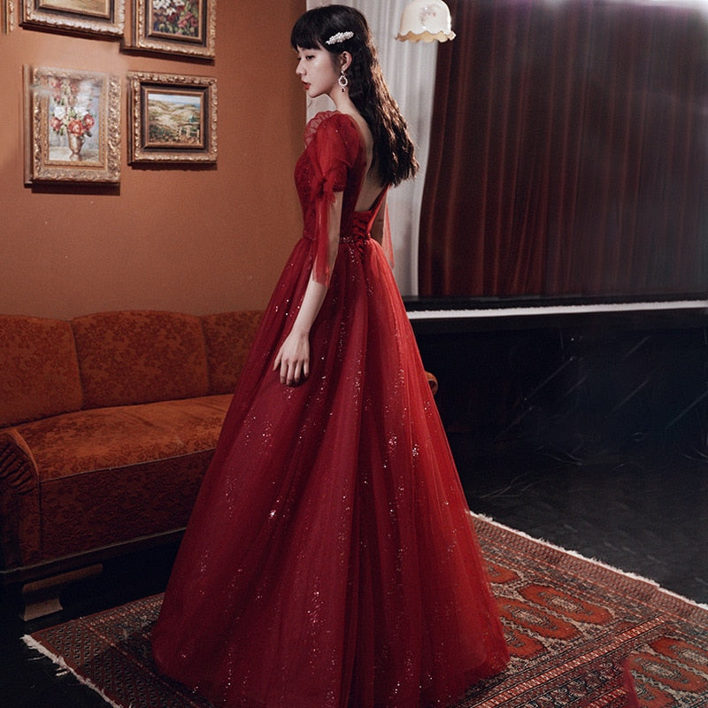 Homecoming Dresses: Wine Red Beading Tulle Prom Dress Vintage Women