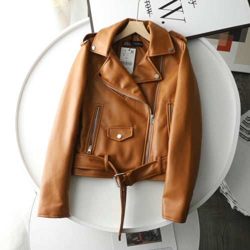 Spring Autumn Women Zippers V-neck Faux Leather Jacket