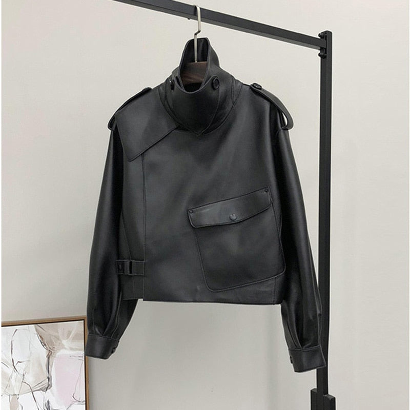 Spring Women Short Faux Leather Jacket Single Button Black Coats