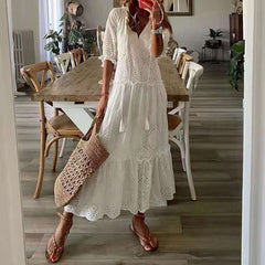 White Maxi Summer Dress Elegant Short Sleeve Hollow Out Bohemian Dresses