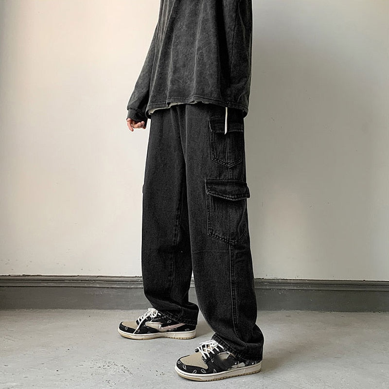 Baggy Men Jeans Straight Cargo Pants Spring Autumn Fashion Vintage Blue Denim