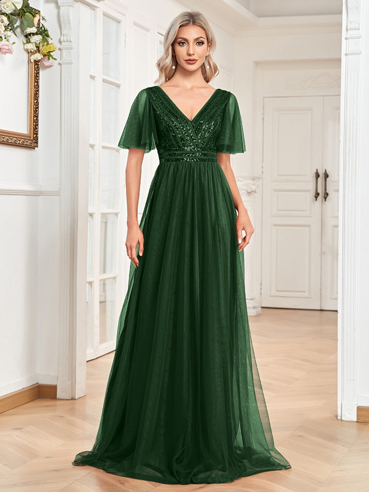 Evening wear Dresses: A-LINE Chiffon Short Sleeve V-Neck Simple Sequins Wedding