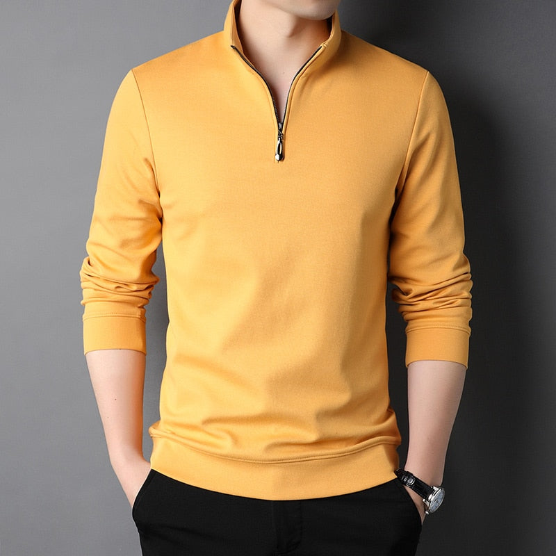 Fashion Brand Luxury Zipper Polo Shirt Men Casual Plain Korean Solid Color Long