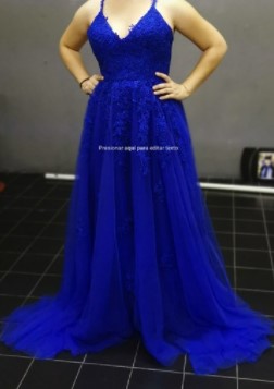 Homecoming Dresses: Lace Navy Blue V-neck Prom Party Evening Dresses