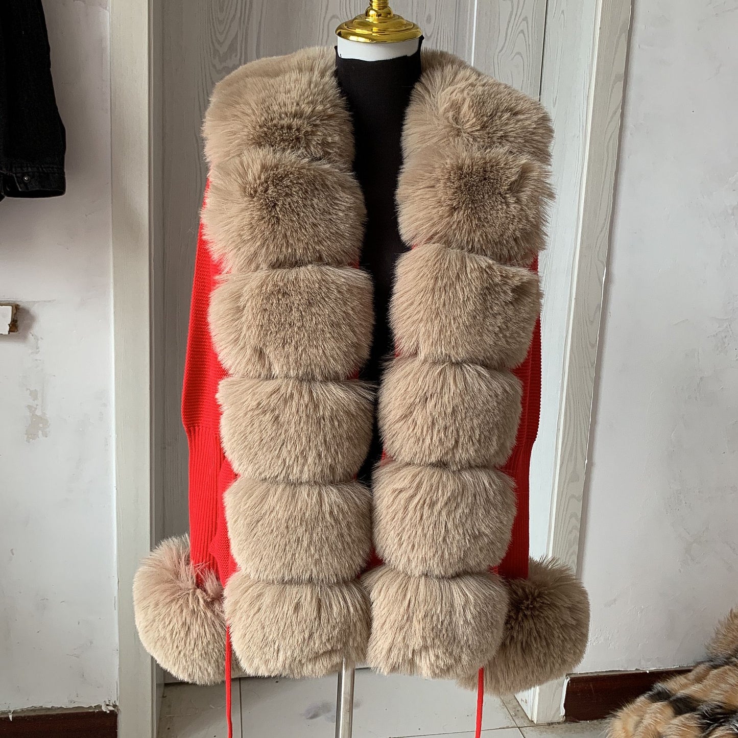 Women Faux Fur Knit Sweater cardigan Spring Autumn elegant Knitted sweater