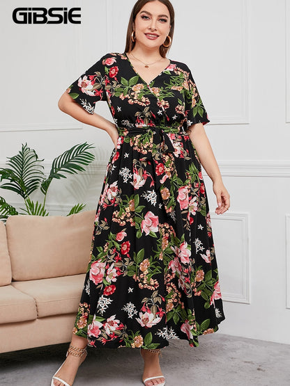 Plus Size V Neck Floral Print Boho Dress Women Summer Short Sleeve Maxi Dresses