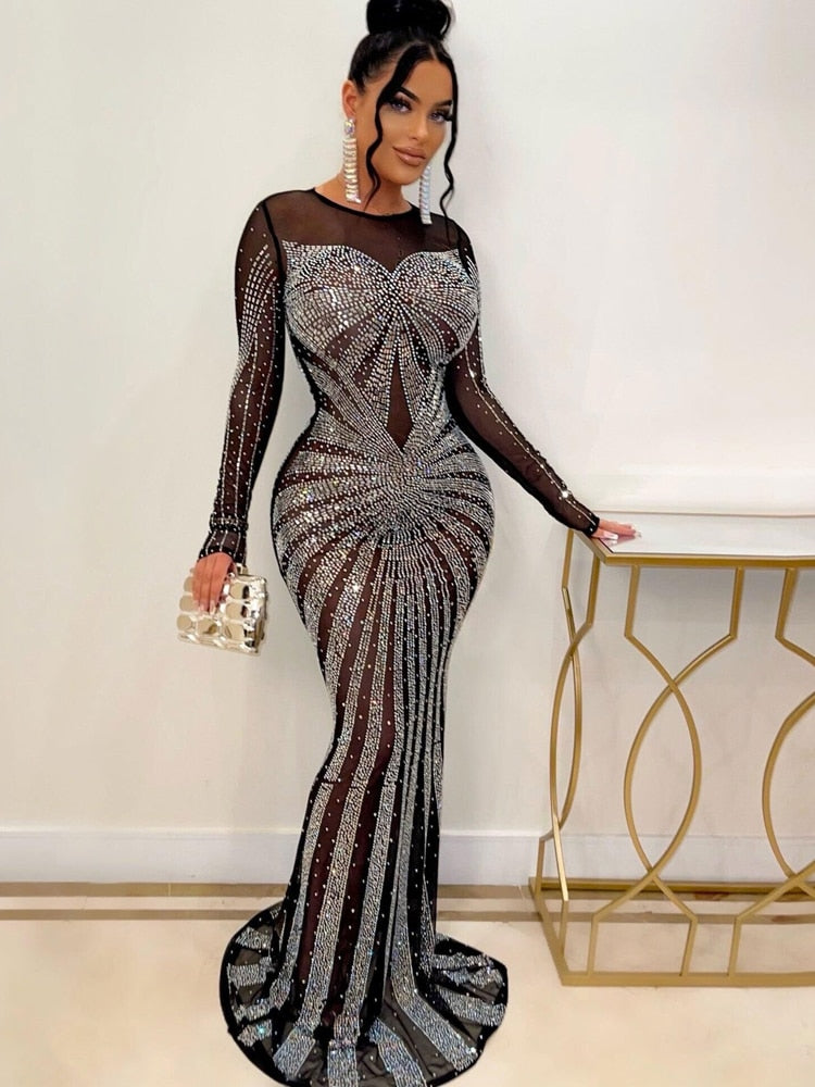Homecoming Dresses: Sheer Mesh Geometric Crystal Maxi Gowns Beautiful Hollow