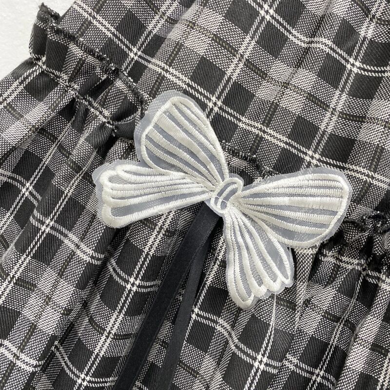 Kawaii Gothic Lolita Plaid Skirt Women Goth Bow Black High Waist A-line