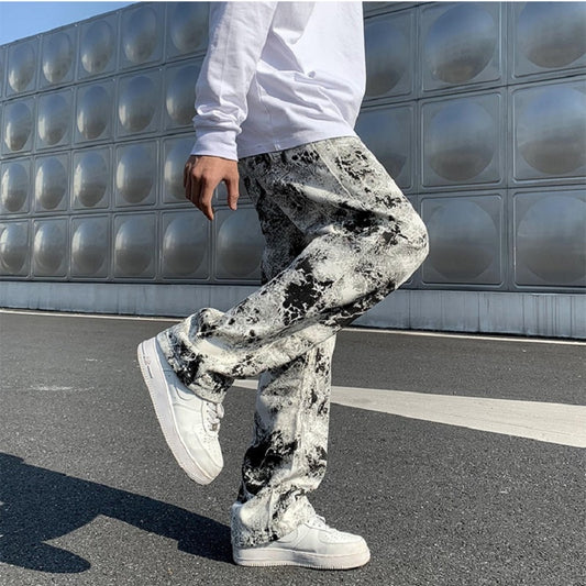 Straight Leg Jeans Printed Jean Mens Fashion Mopping Trousers Korean Style