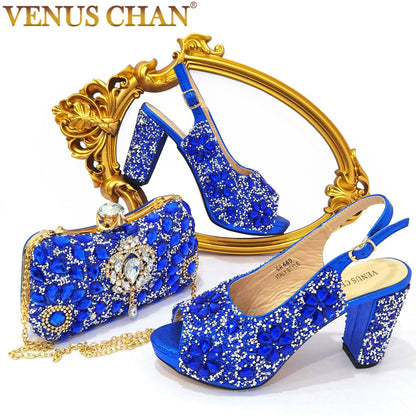 Nigerian Summer Sale Luxury Fashion Ladies High Heel Slippers and Bags Set with Rhinestones for Wedding
