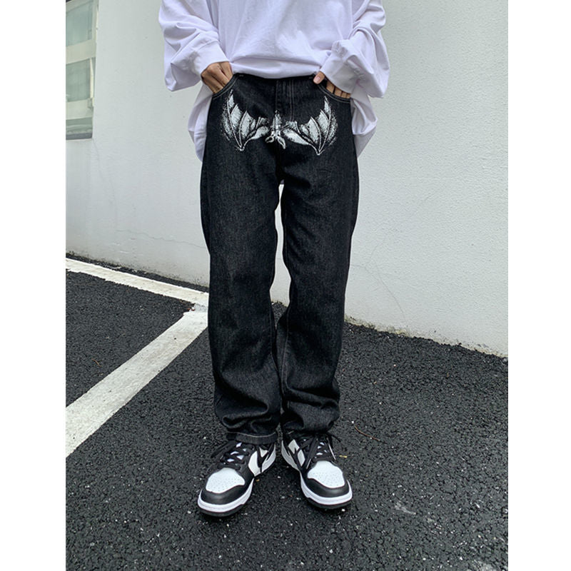 Men jeans solid color head print American y2k retro straight loose large size