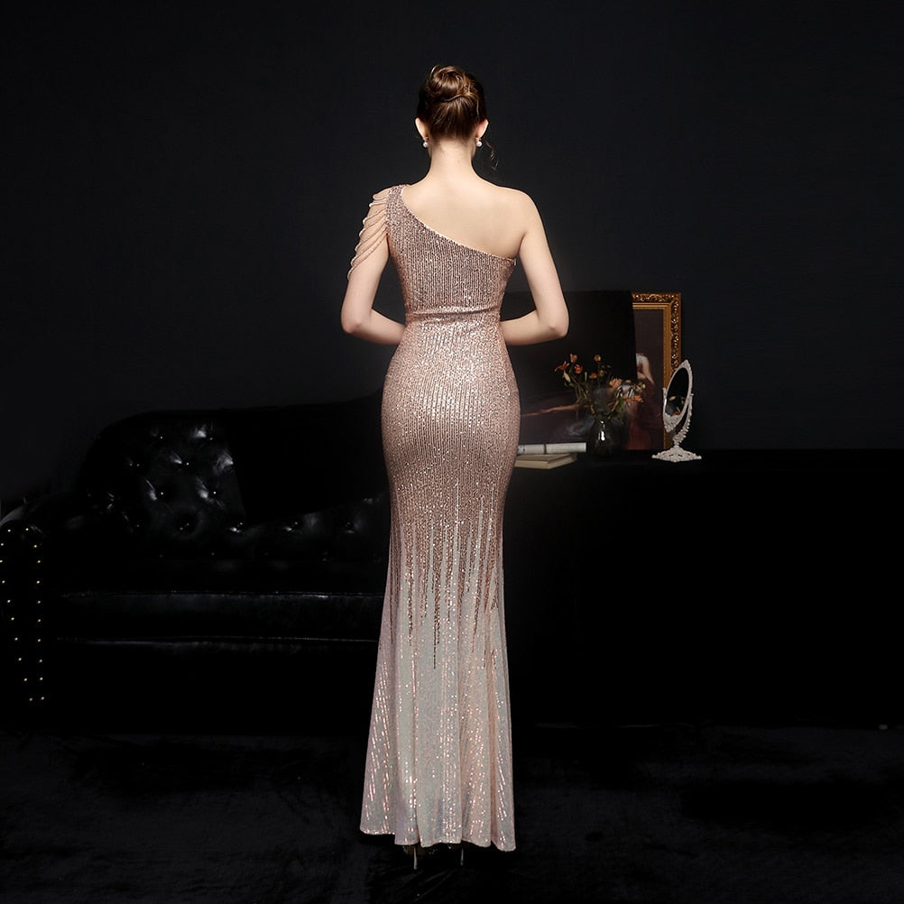 Evening wear Dresses: One Shoulder Split Evening Dress Long Sequins Mermaid