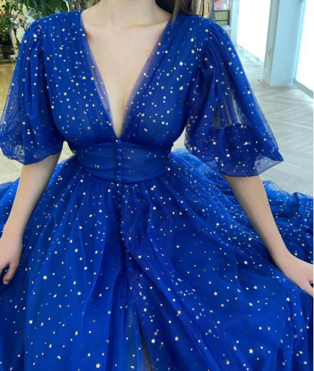 Evening wear Dresses: Tulle Midi Prom Dresses Half Sleeves Formal Evening Gowns