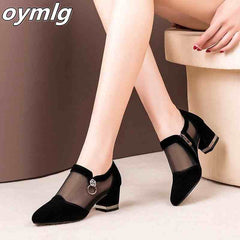 Summer Women High Heel Shoes Mesh Breathable Pumps Zip Pointed Toe Thick