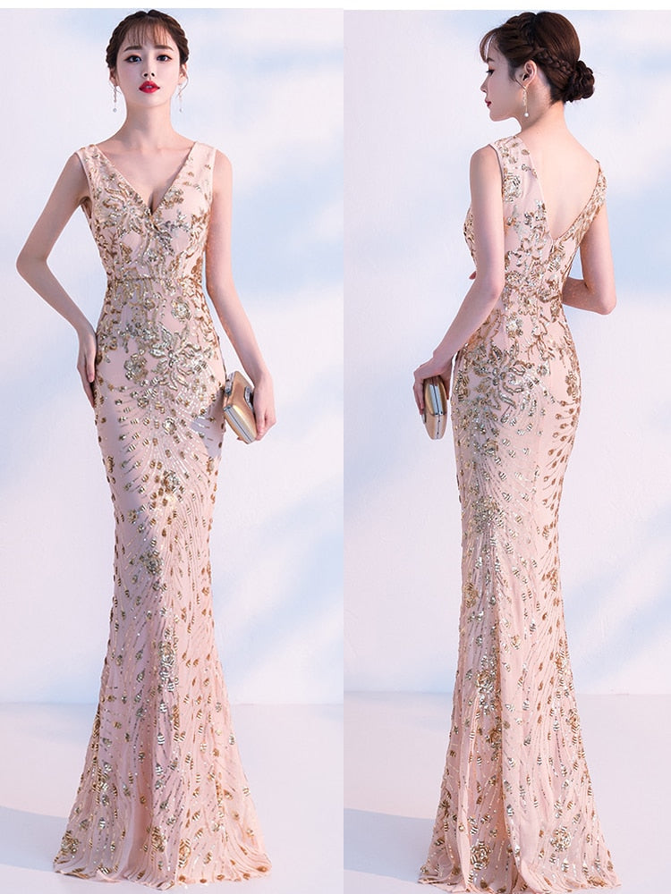Evening wear Dresses: Evening Dress Sleeveless Sequins Robe De Soiree V-neck Tulle