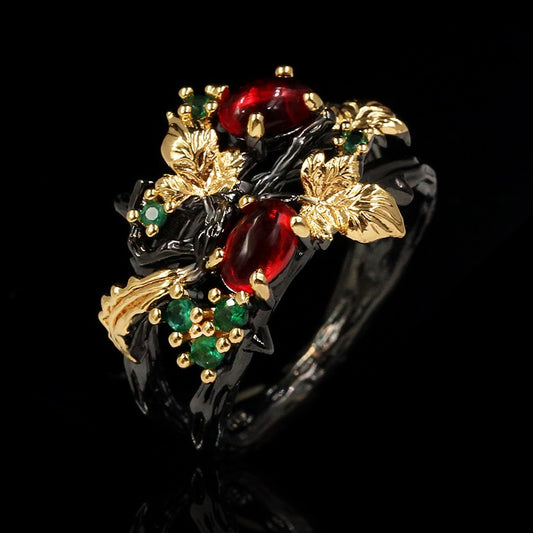 Exquisite Leaf Flower Color Zircon Ladies Women Ring Jewelry Black Gold