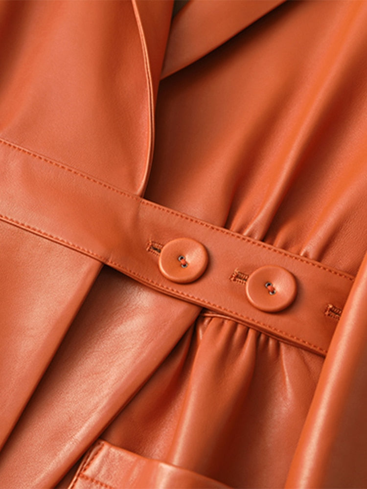 Lautaro Spring Autumn Long Orange Soft Faux Leather Coat Women Pockets