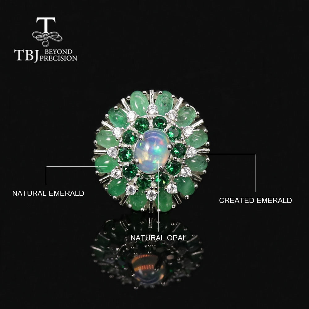 Luxury design Natural Opal Emerald Ring 925 sterling silver Fine jewelry women