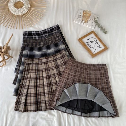 Korean Style Plaid Pleated Skirt Female Spring and Autumn High Waist Thin A-line