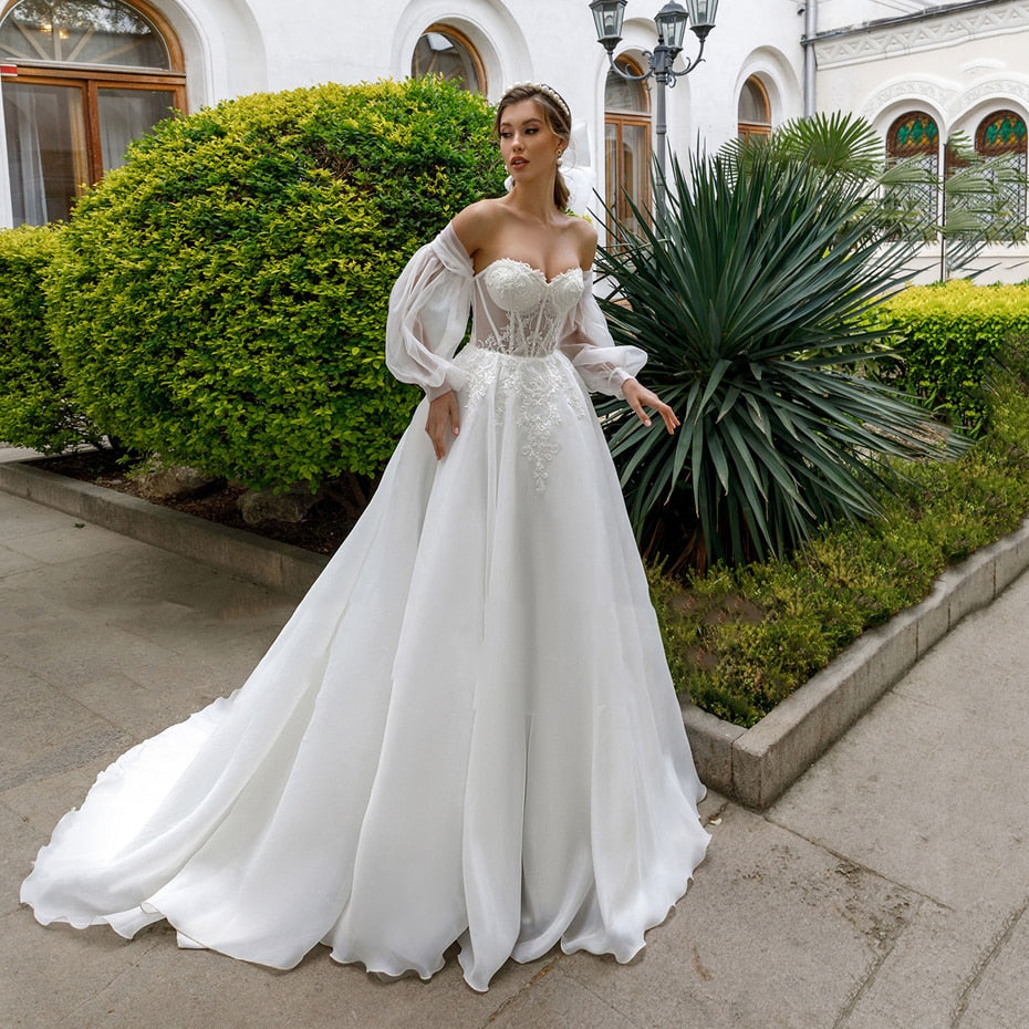 Wedding Dresses Off The Shoulder Long Puff Sleeves Lace