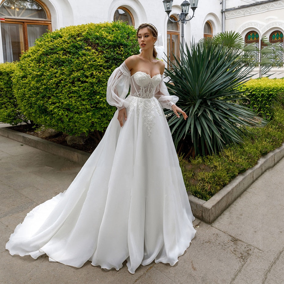 White Bridesmaid Dresses: Wedding Dresses Off The Shoulder Long Puff Sleeves Lace