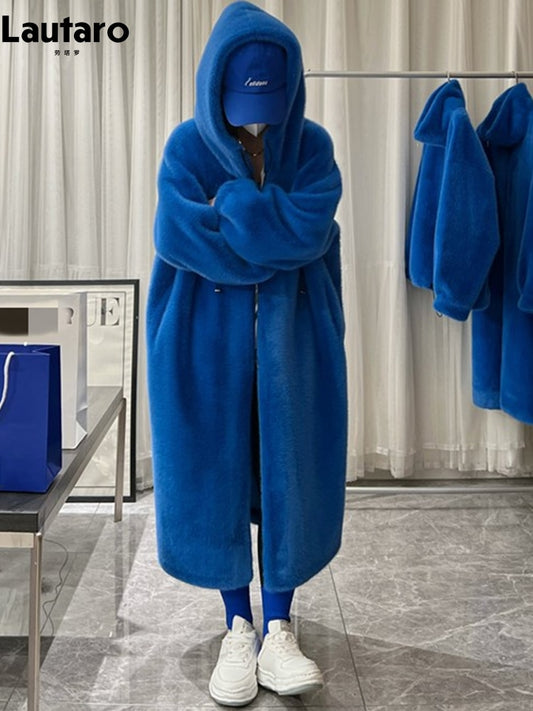 Winter Long Oversized Warm Thick Blue White Fluffy Faux Fur Coat Women