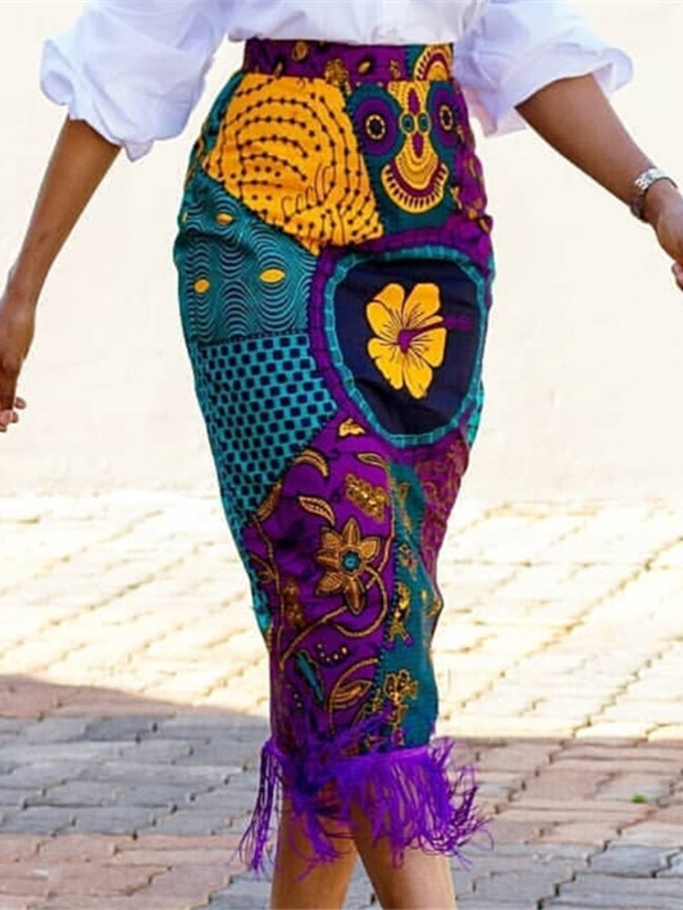 Women Summer Print Skirt Vintage Floral African Fashion High Waist Tassel Classy