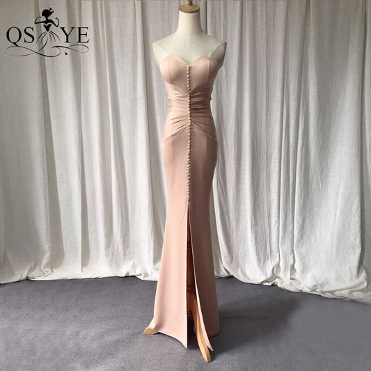 Front Split Champagne Mermaid Long Prom Dress Elastic Ruched