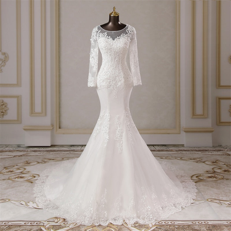 White Bridesmaid Dresses: Elegant long sleeves applique mermaid Wedding dresses