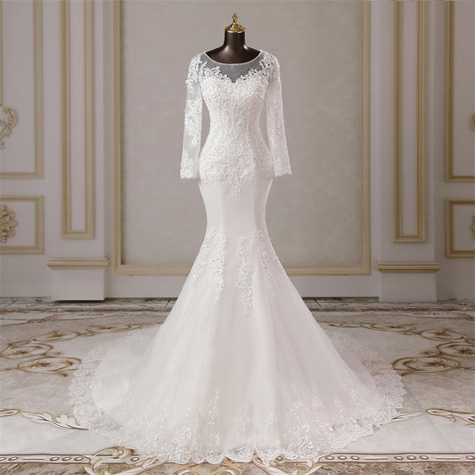 White Bridesmaid Dresses: Elegant long sleeves applique mermaid Wedding dresses